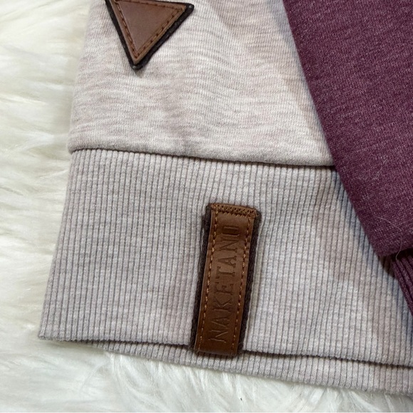 Naketano "Brave New World" Pullover Hoodie Heather Gray & Purple/Maroon Sleeves - Picture 6 of 14